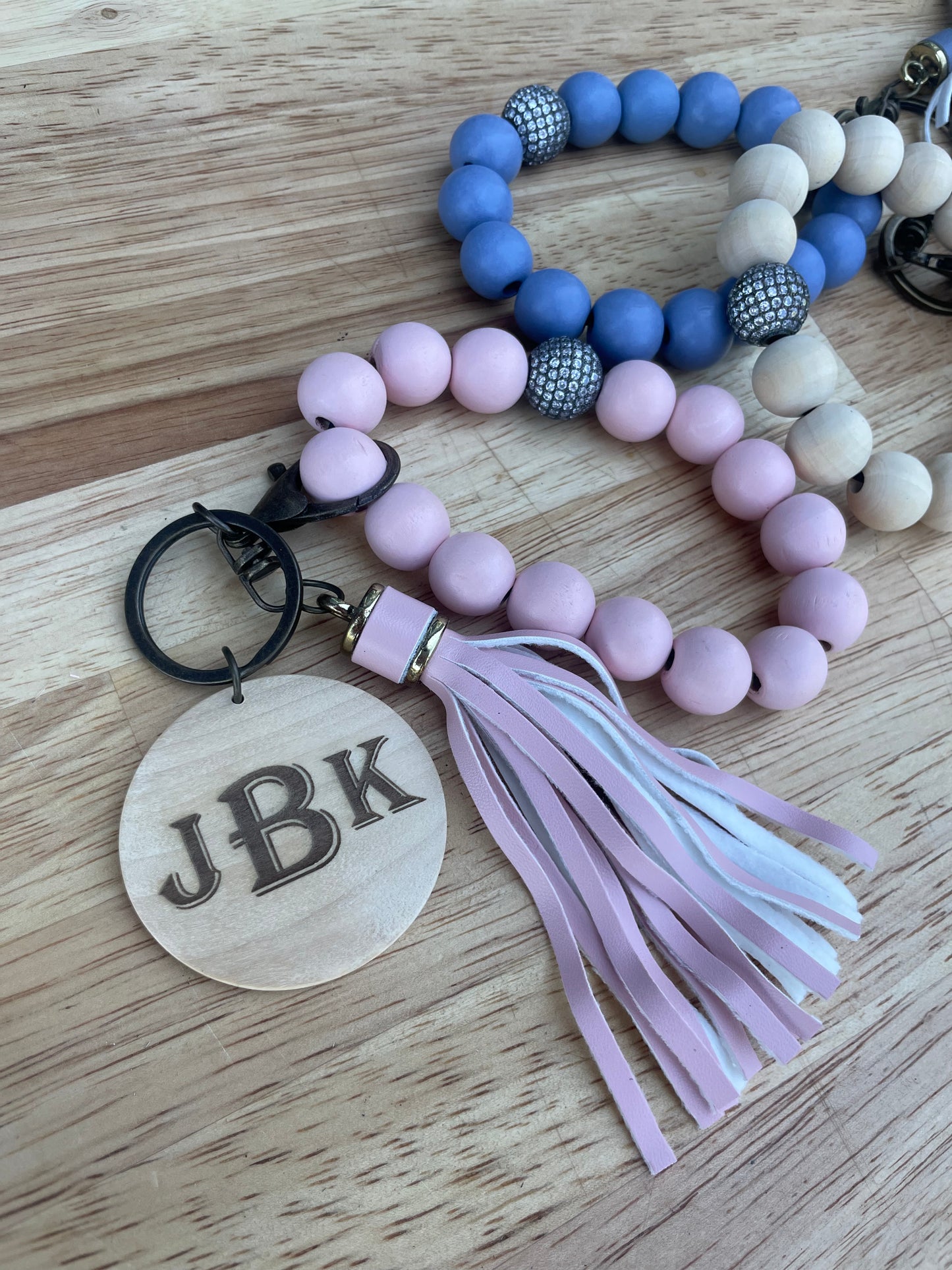 Wood Beaded Wristlet Keychain with Engraved Pendant