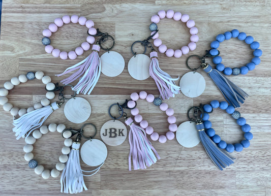 Wood Beaded Wristlet Keychain with Engraved Pendant